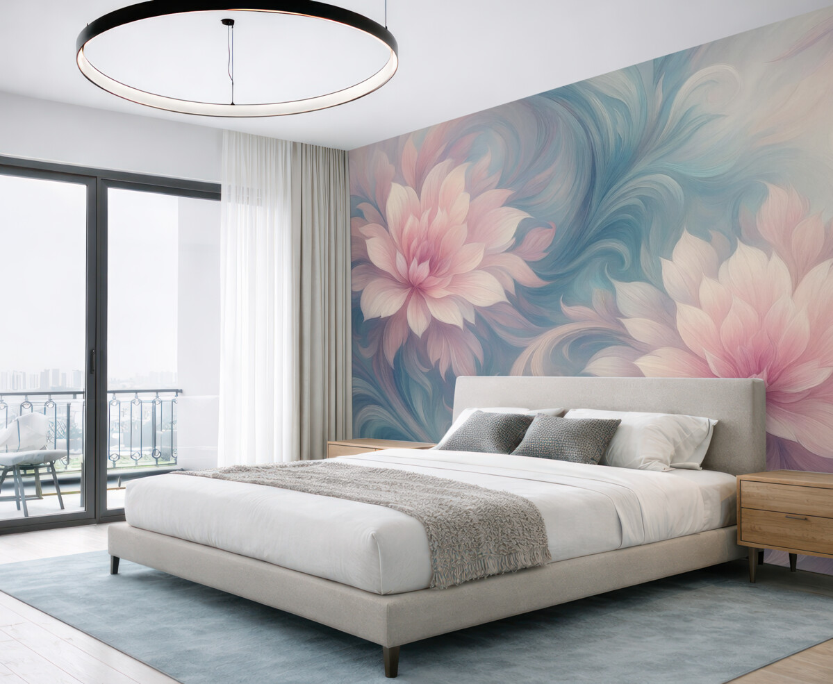 Fototapeta Kwiaty oraz liście w odcieniach różowym i niebieskim.