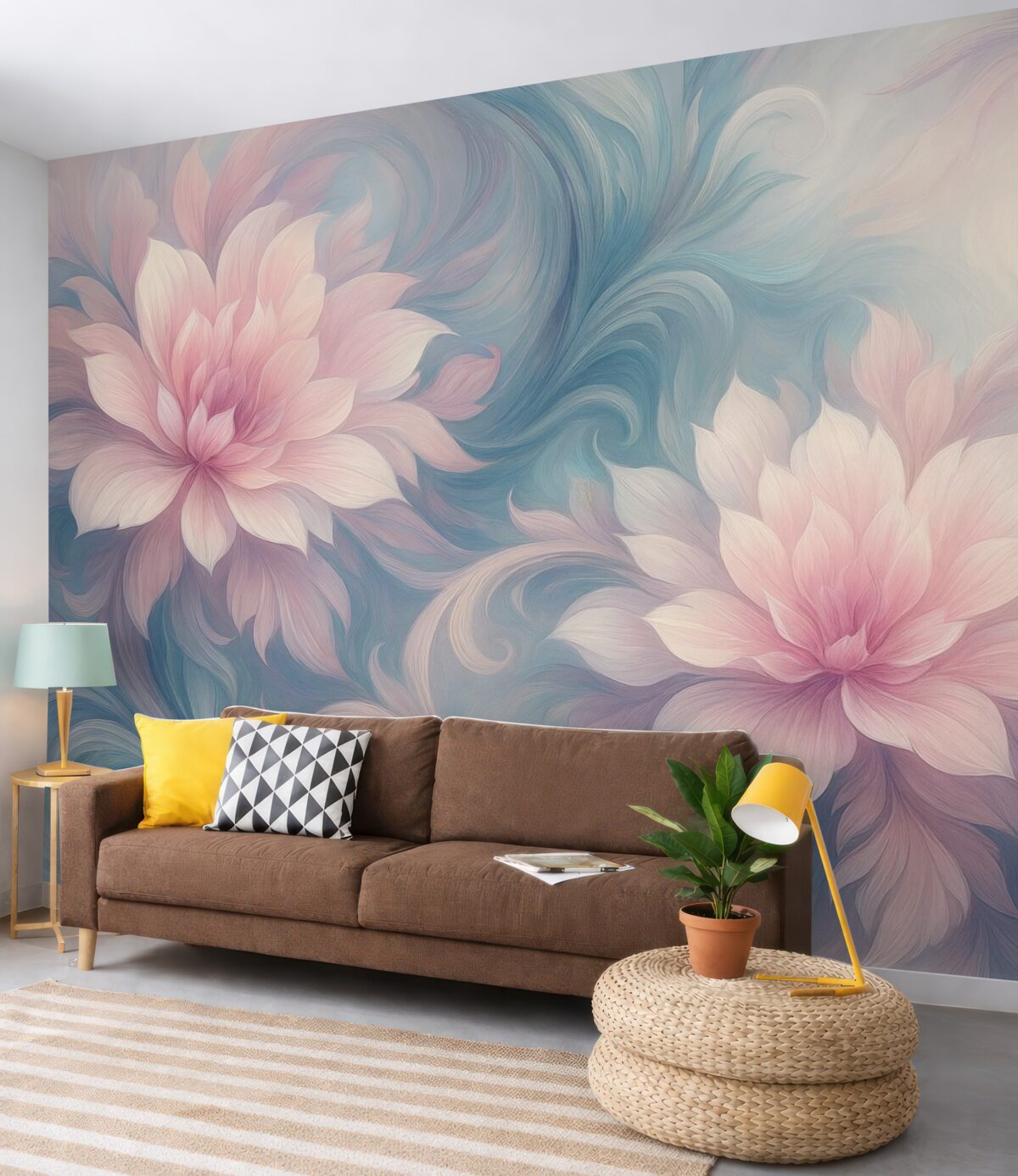 Fototapeta Kwiaty oraz liście w odcieniach różowym i niebieskim.