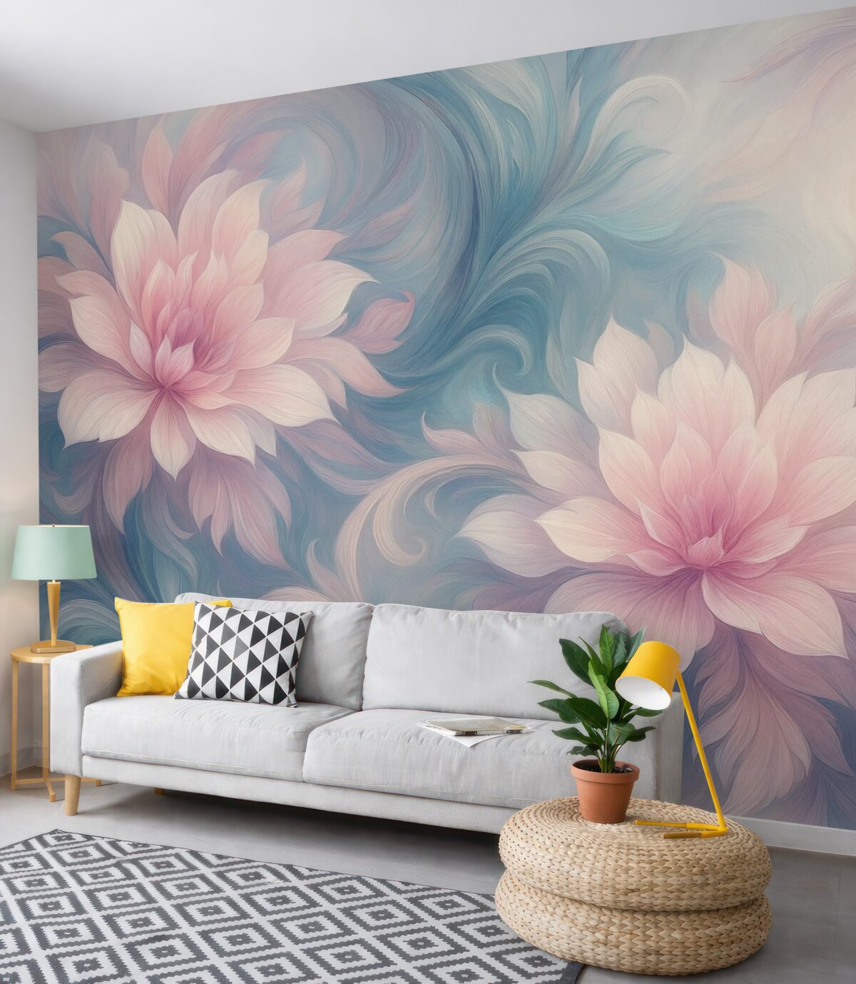 Fototapeta Kwiaty oraz liście w odcieniach różowym i niebieskim.