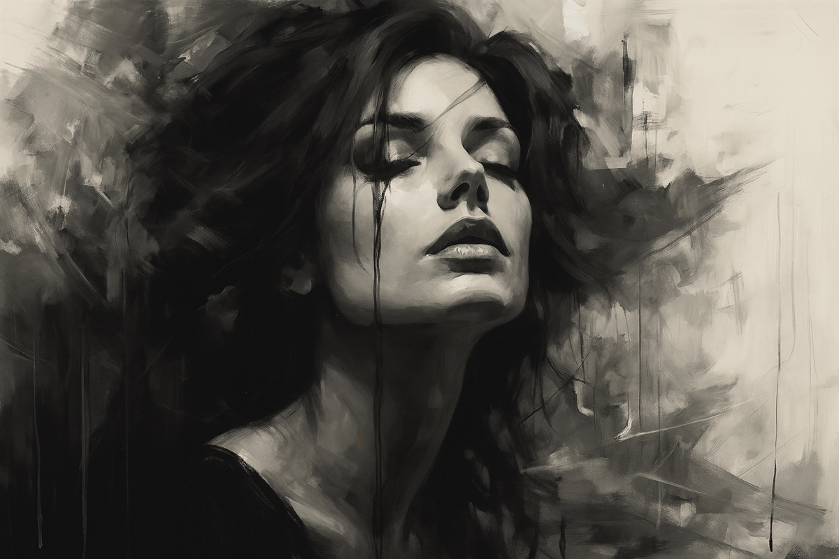 Fototapeta Portret damy w szarych i czarnych odzieżach.