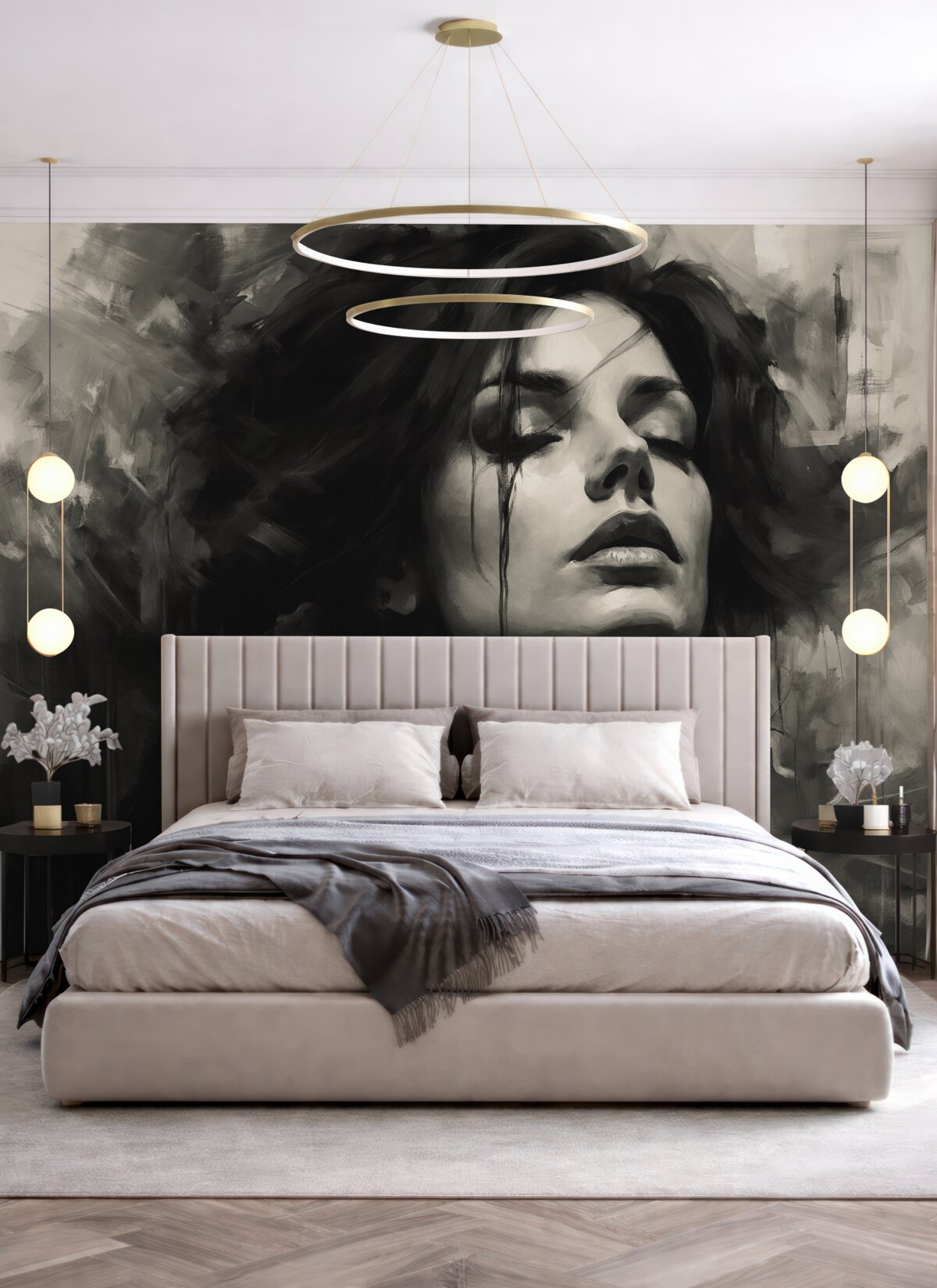 Fototapeta Portret damy w szarych i czarnych odzieżach.