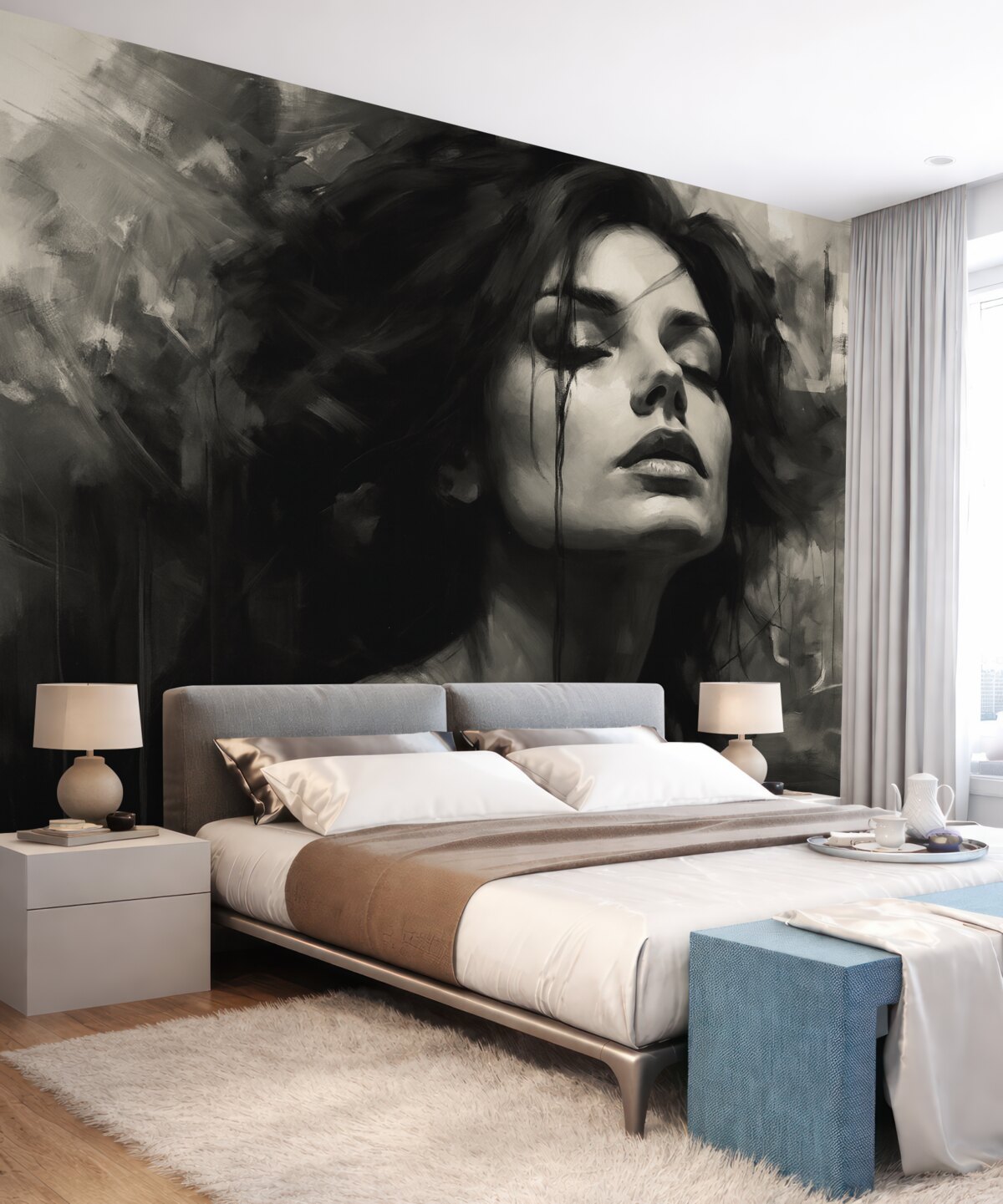 Fototapeta Portret damy w szarych i czarnych odzieżach.