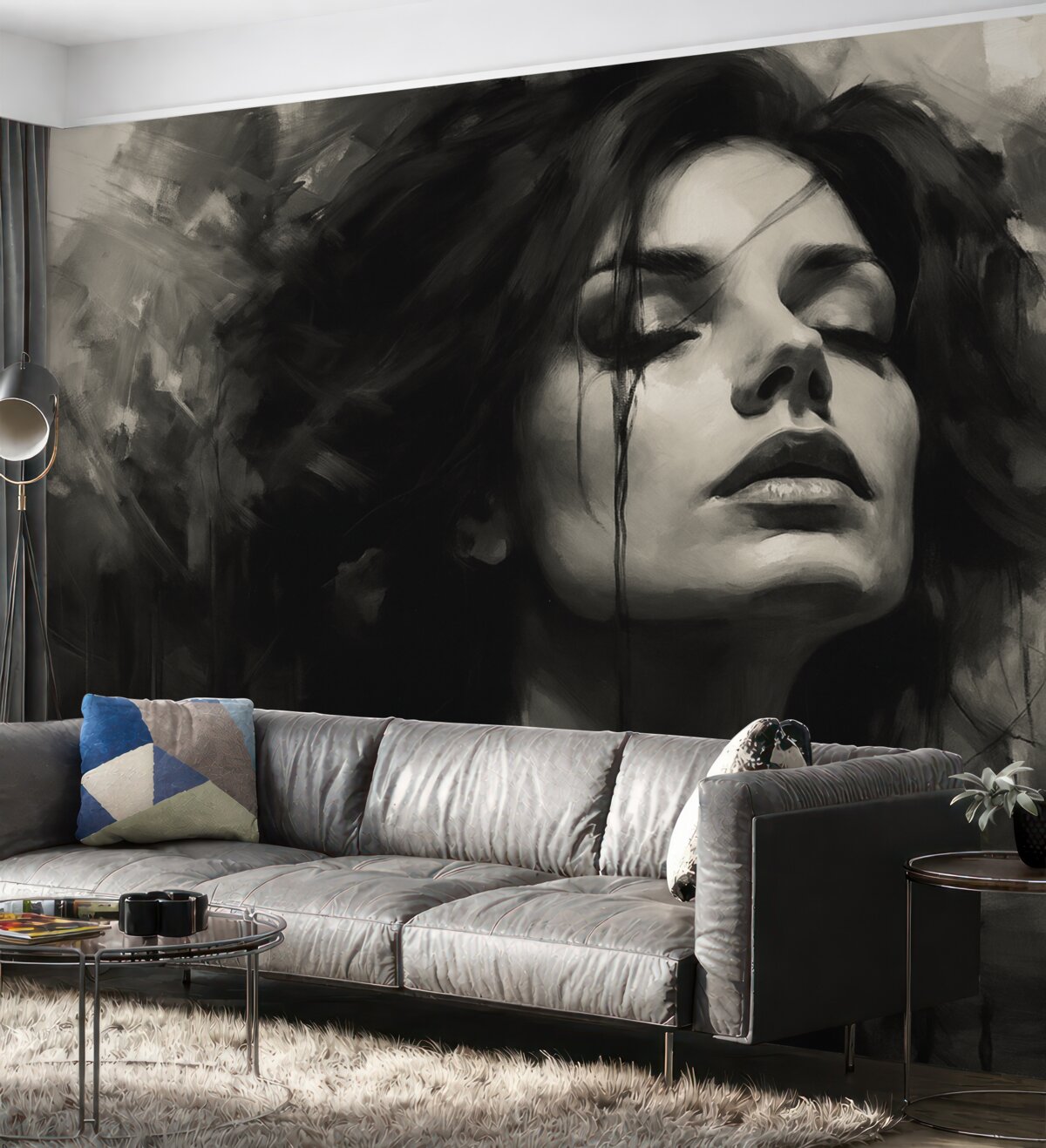 Fototapeta Portret damy w szarych i czarnych odzieżach.