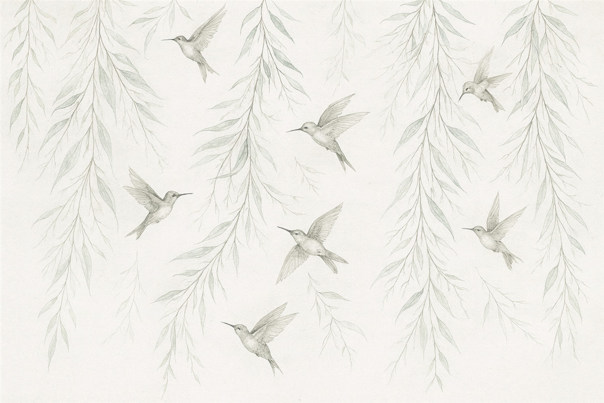 Fototapeta Odwisające gałązki z zielonymi liśćmi oraz ptaki.