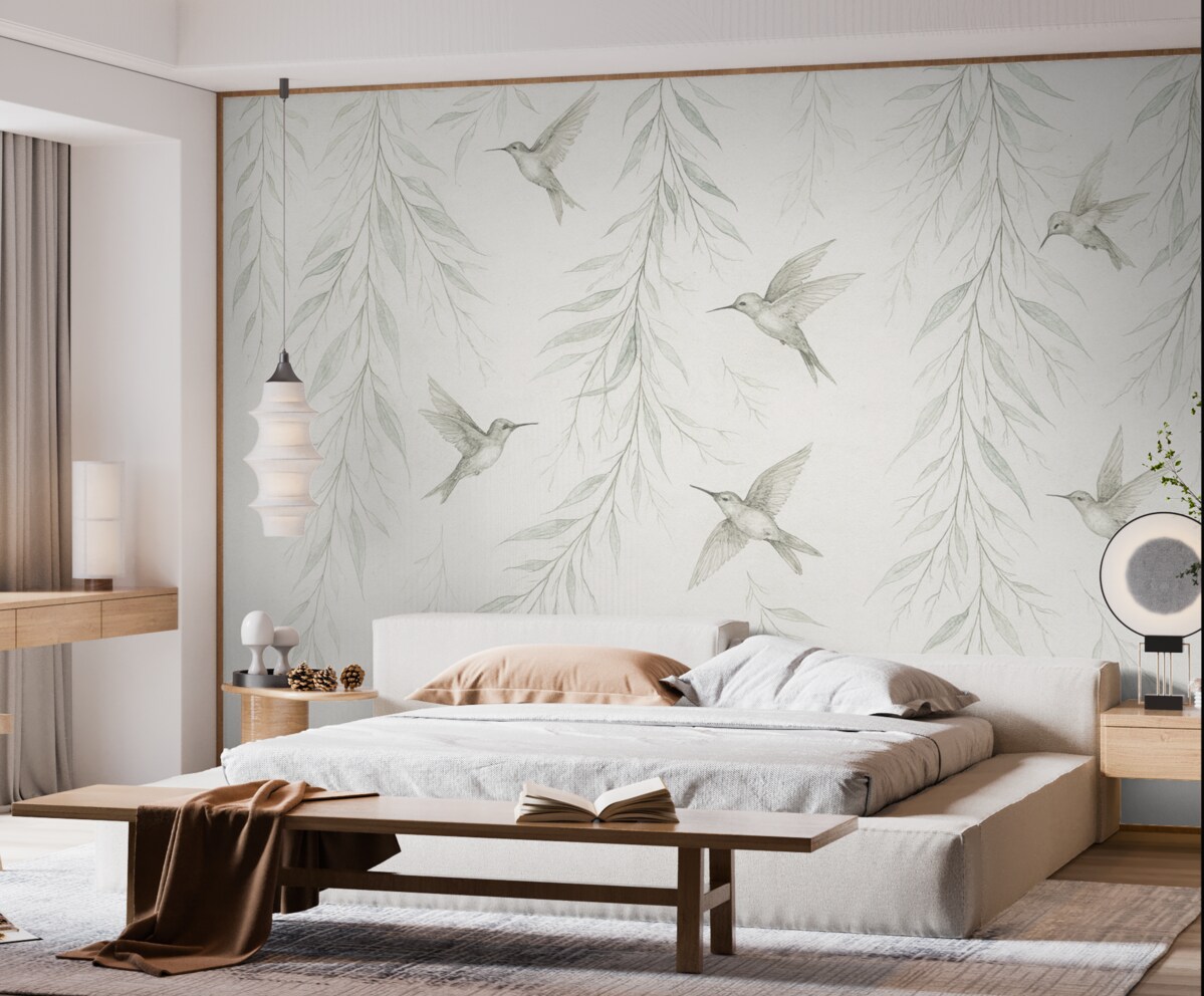 Fototapeta Odwisające gałązki z zielonymi liśćmi oraz ptaki.