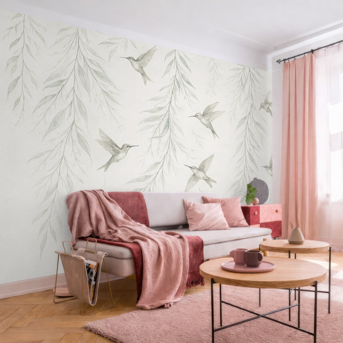 Fototapeta Odwisające gałązki z zielonymi liśćmi oraz ptaki.