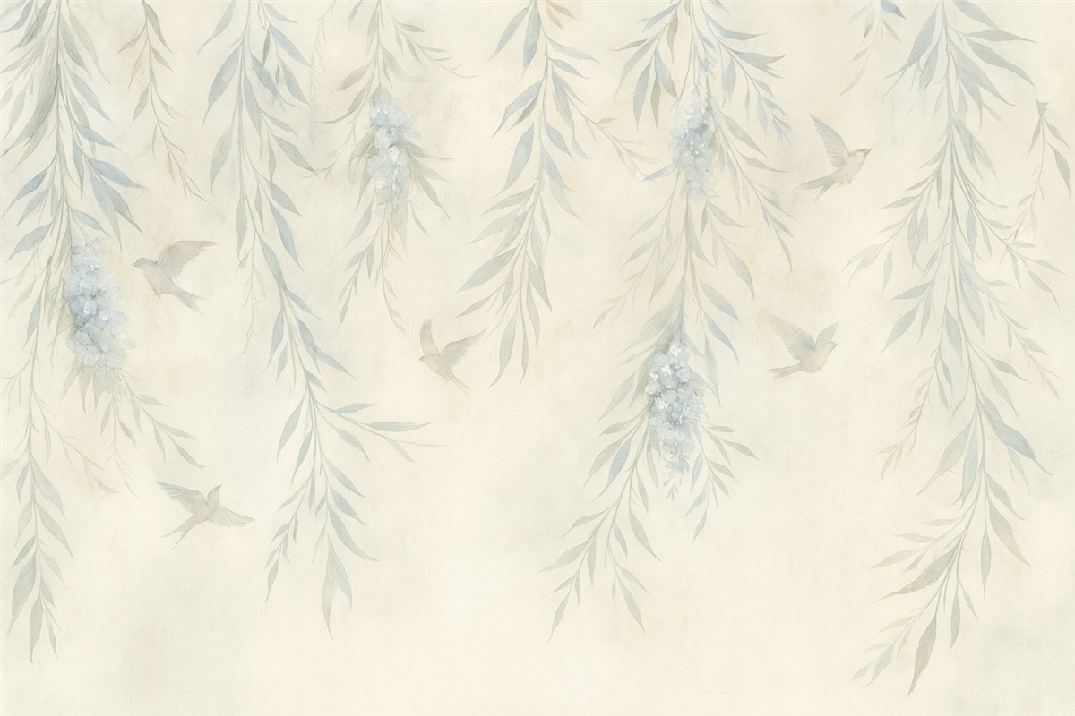 Fototapeta Gałęzie z opadającymi liśćmi i ptakami.