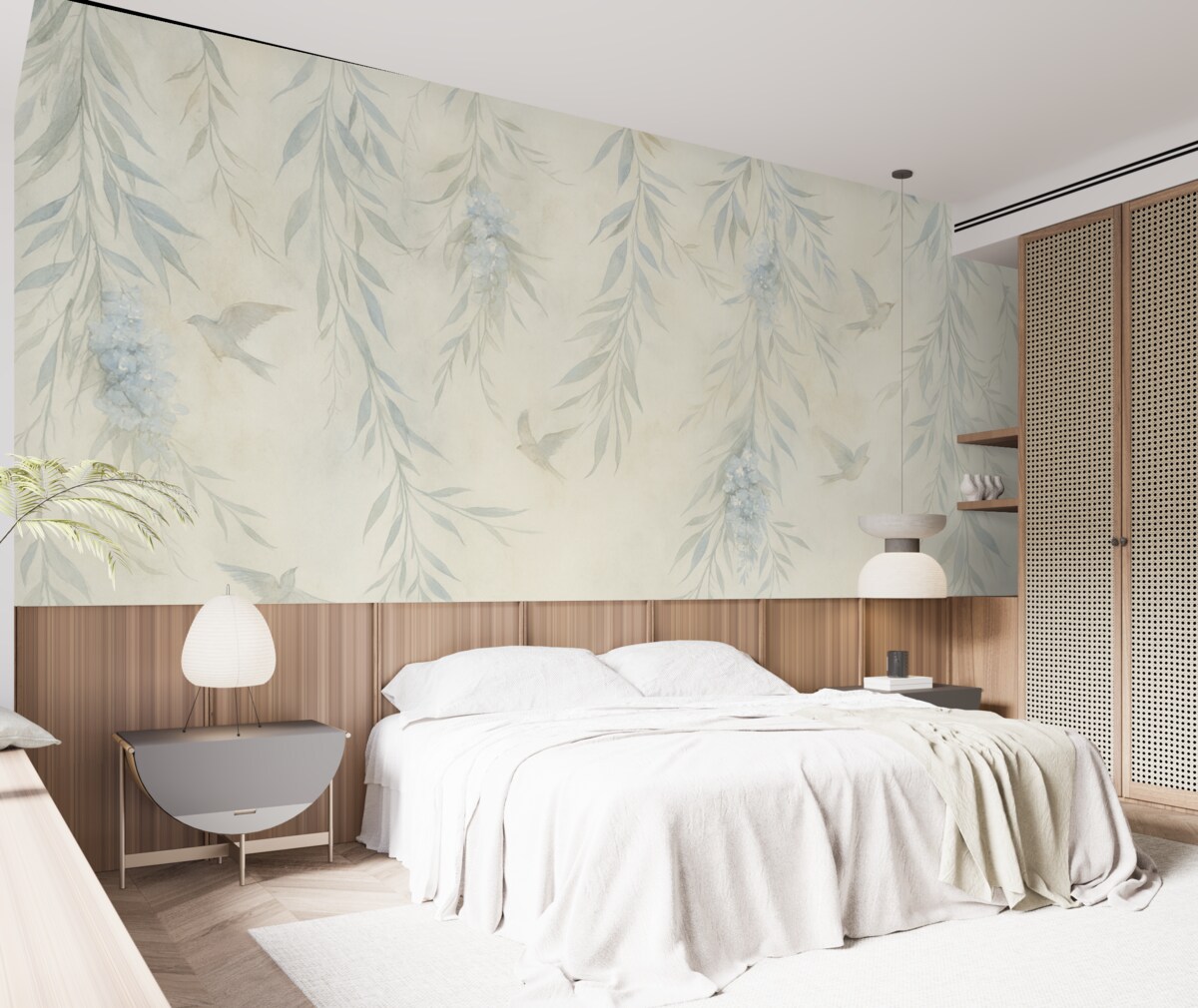 Fototapeta Gałęzie z opadającymi liśćmi i ptakami.