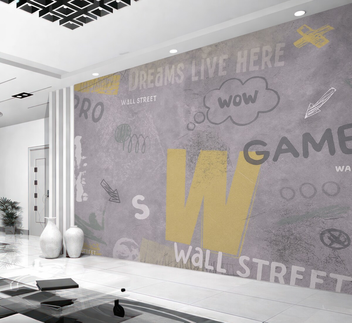 Fototapeta Nowa koncepcja w stylu street art z żółtymi literami na tle betonowej ściany.