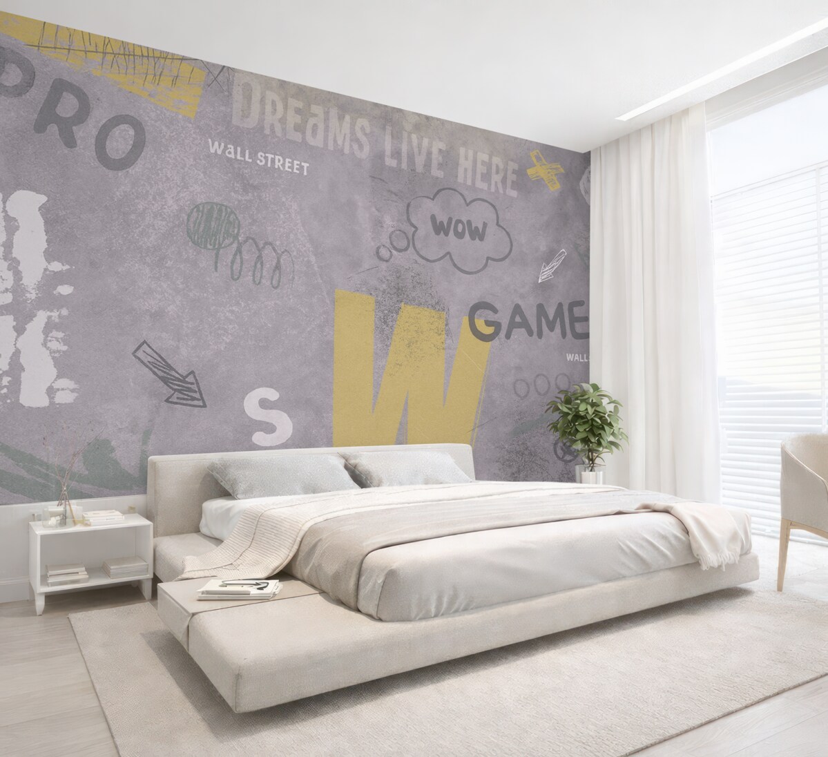 Fototapeta Nowa koncepcja w stylu street art z żółtymi literami na tle betonowej ściany.