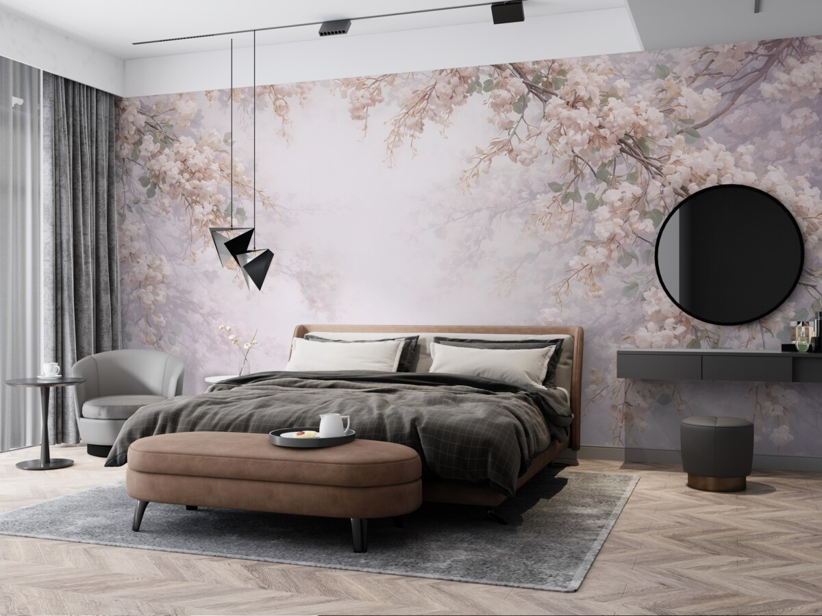 Fototapeta Gałęzie drzewa w rozkwicie w mgle.