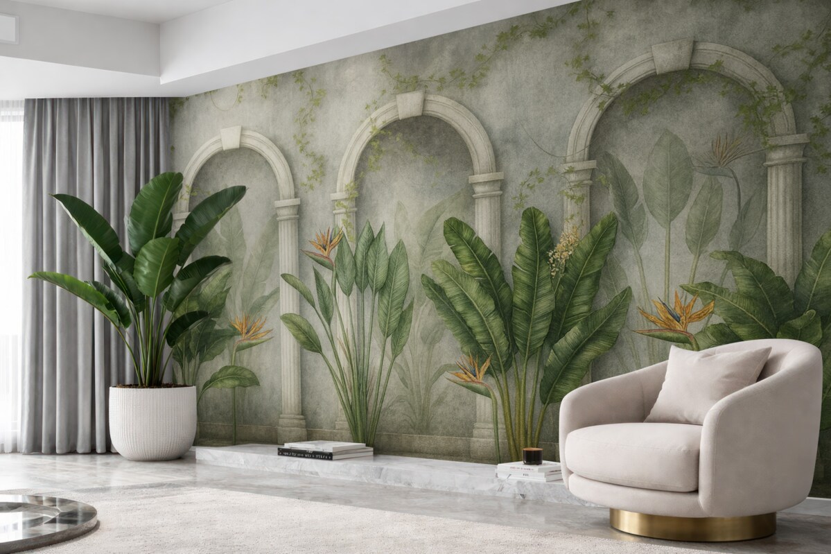 Fototapeta Betonowa ściana z łukami oraz tropikalnymi roślinami, kwiatowe, naturalne odcienie.