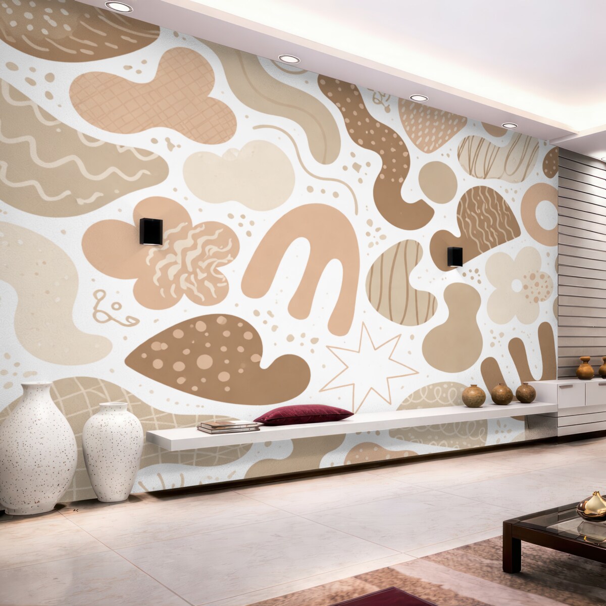 Fototapeta Geometryczne kształty z obrazkami szkiców, młodzieżowa, beżowa gama kolorystyczna.