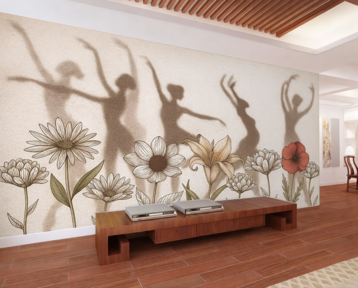 Fototapeta Baletnice w sylwetkach, wiejskie kwiaty, rysunek liniowy, odcienie czerwieni i beżu.