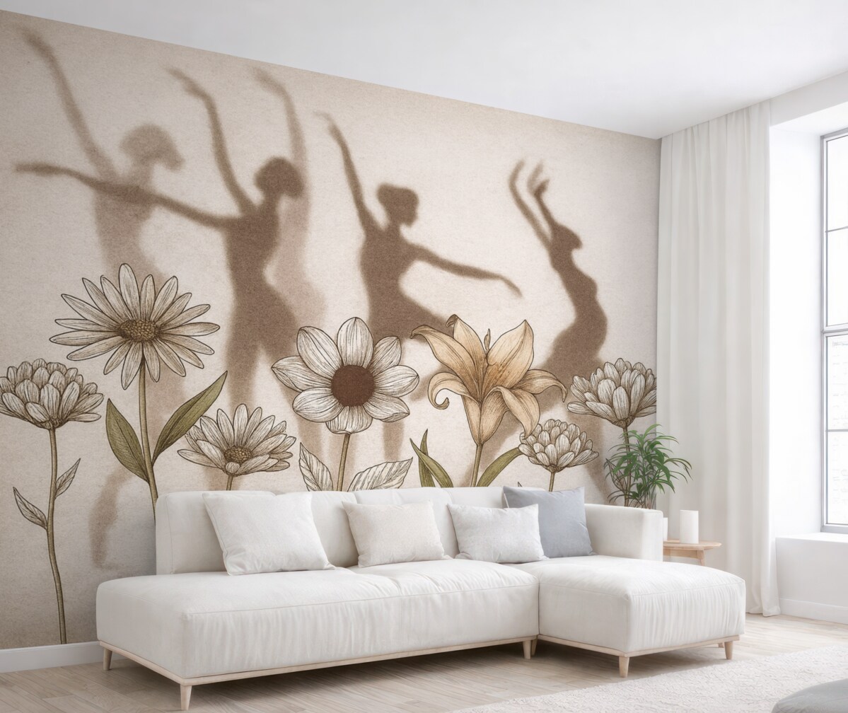 Fototapeta Baletnice w sylwetkach, wiejskie kwiaty, rysunek liniowy, odcienie czerwieni i beżu.