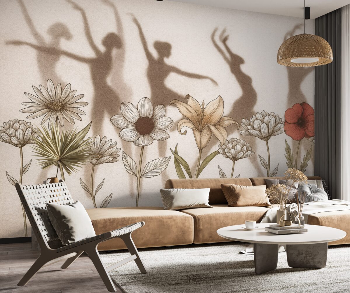 Fototapeta Baletnice w sylwetkach, wiejskie kwiaty, rysunek liniowy, odcienie czerwieni i beżu.