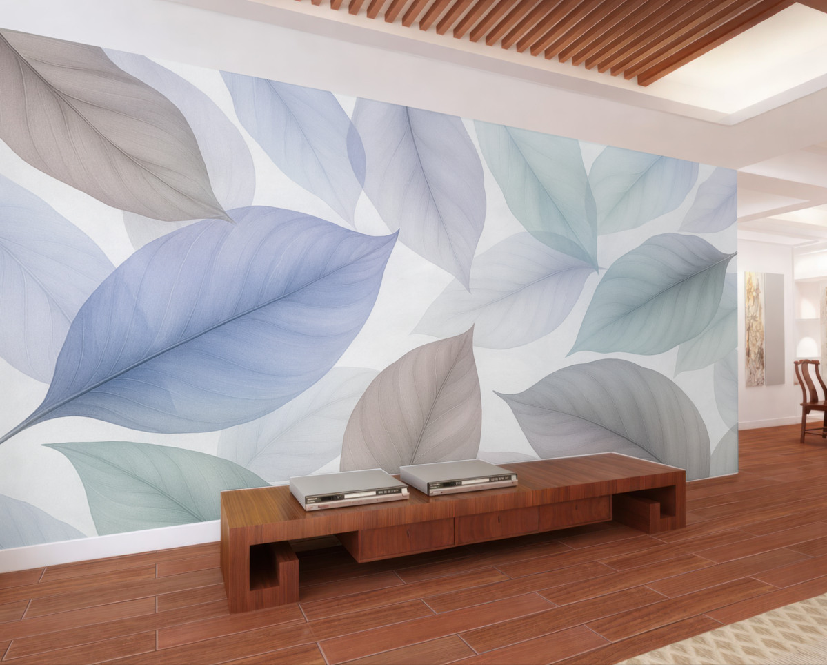 Fototapeta Przezroczyste liście z nerwami w odcieniach błękitu i brązu.