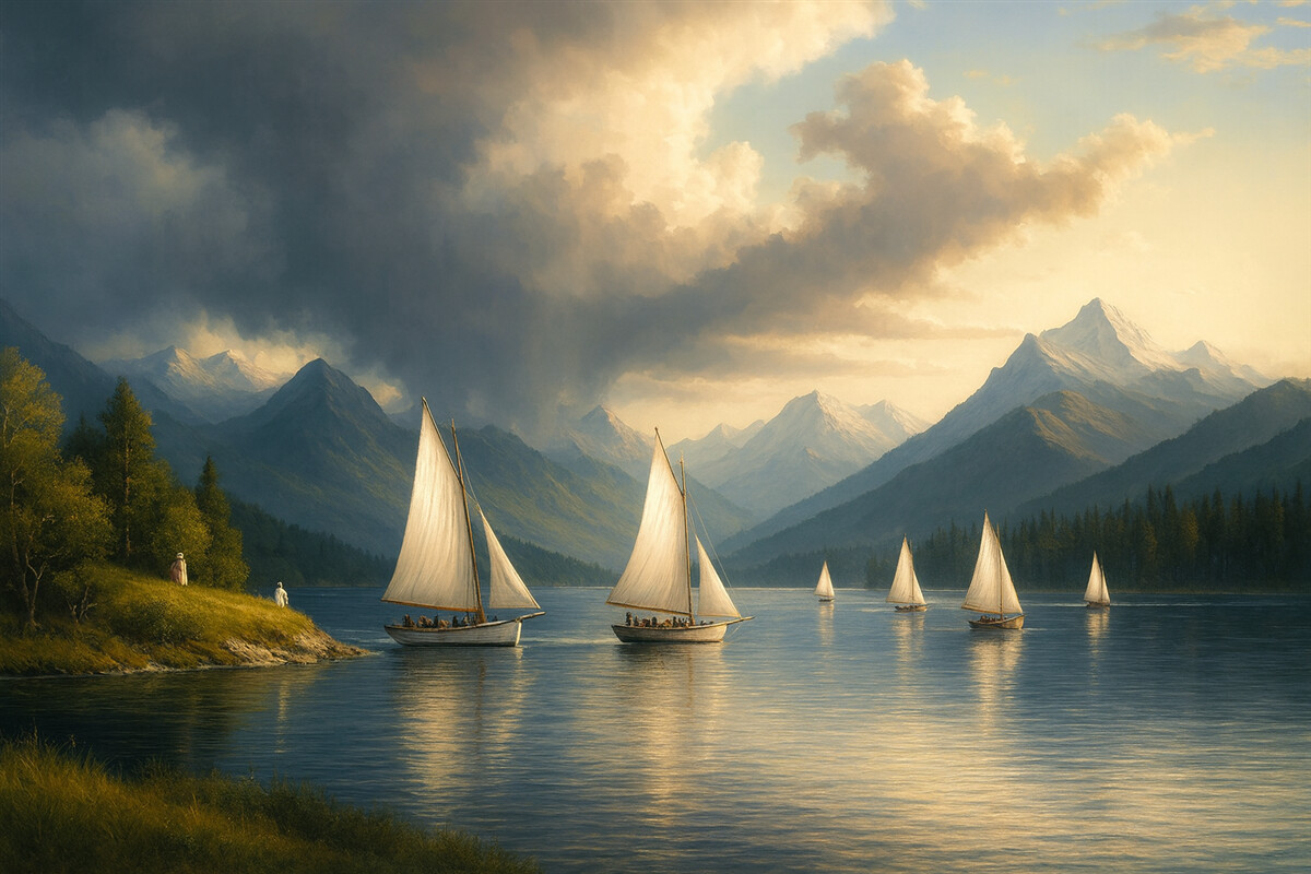 Fototapeta Regaty na jeziorze pod pochmurnym niebem w stylu XIX-wiecznego dzieła olejnego.