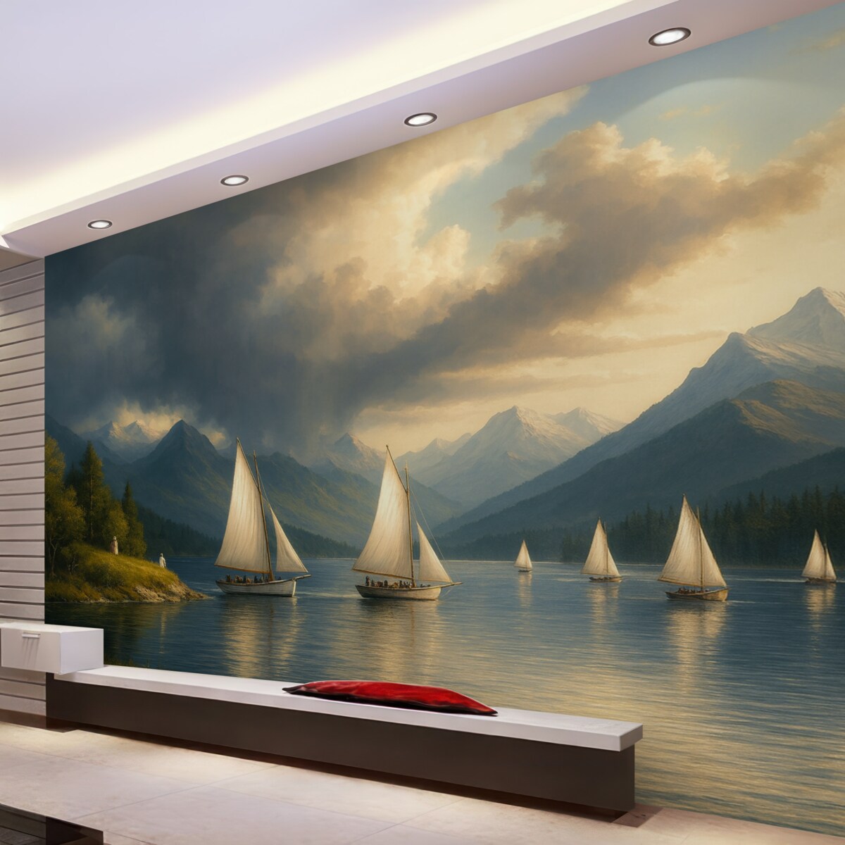 Fototapeta Regaty na jeziorze pod pochmurnym niebem w stylu XIX-wiecznego dzieła olejnego.