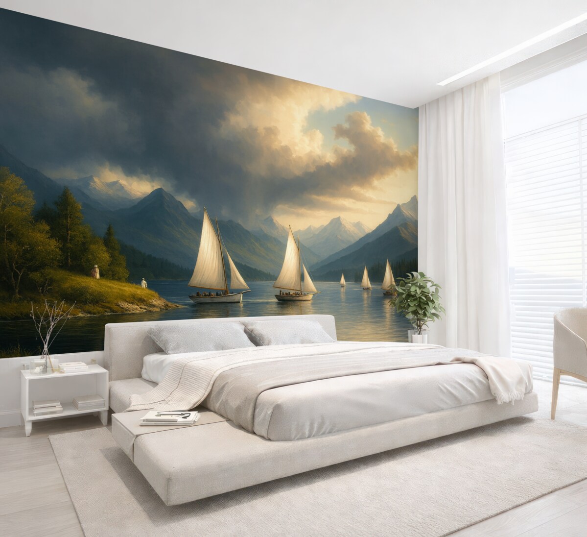 Fototapeta Regaty na jeziorze pod pochmurnym niebem w stylu XIX-wiecznego dzieła olejnego.