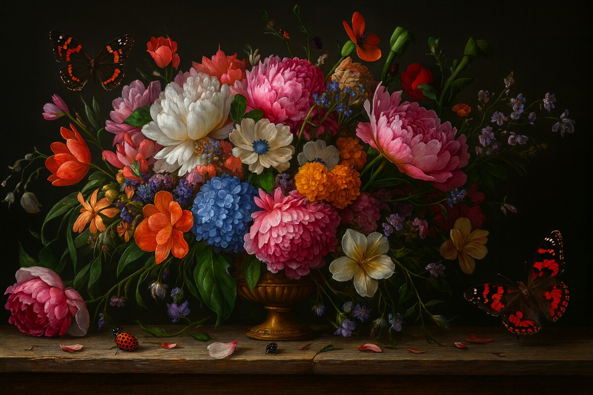 Fototapeta Bukiet w stylu holenderskiego malarstwa olejnego z XVII stulecia z elegancką kompozycją kwiatów.