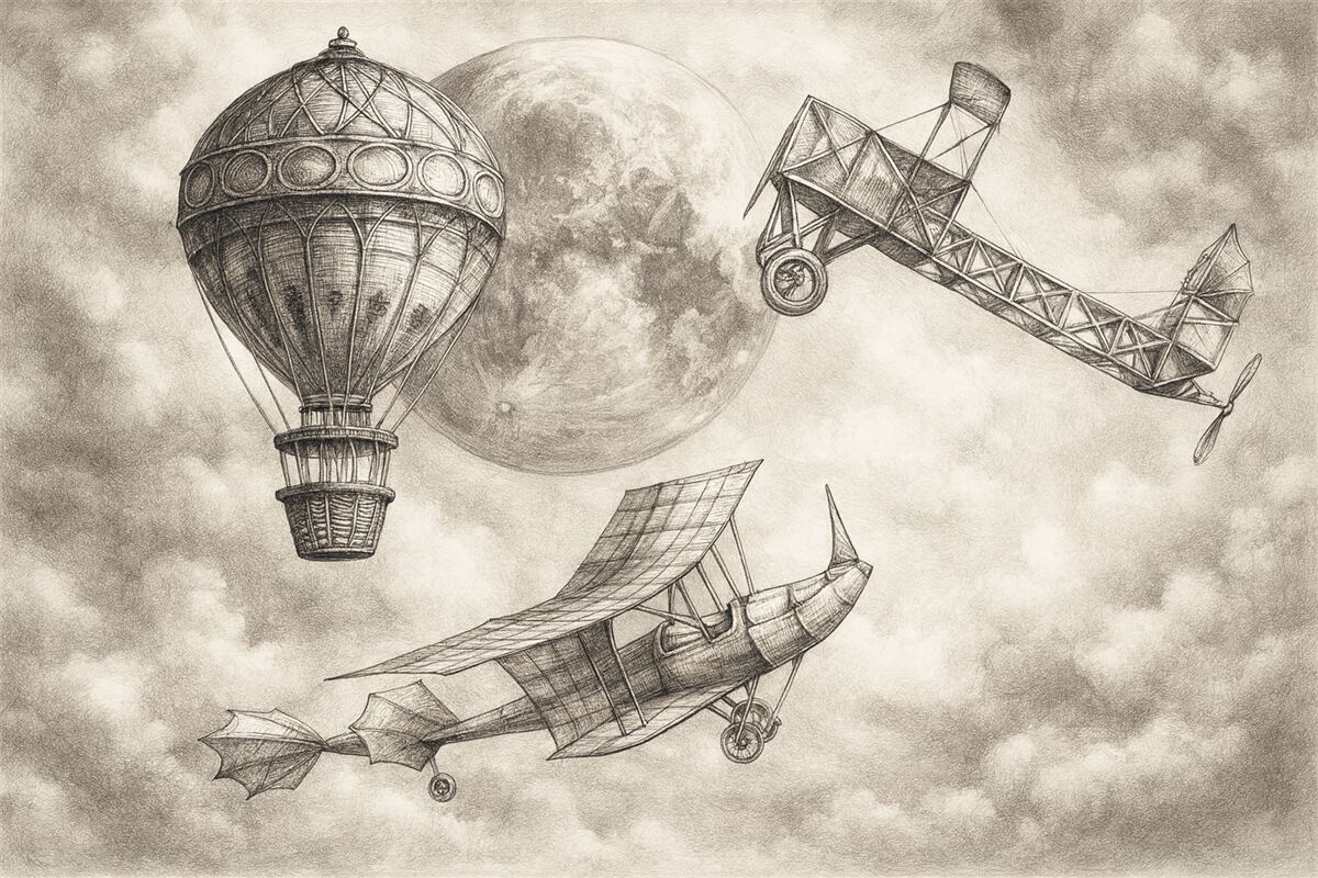 Fototapeta Zabytkowe samoloty na tle chmur i księżyca.