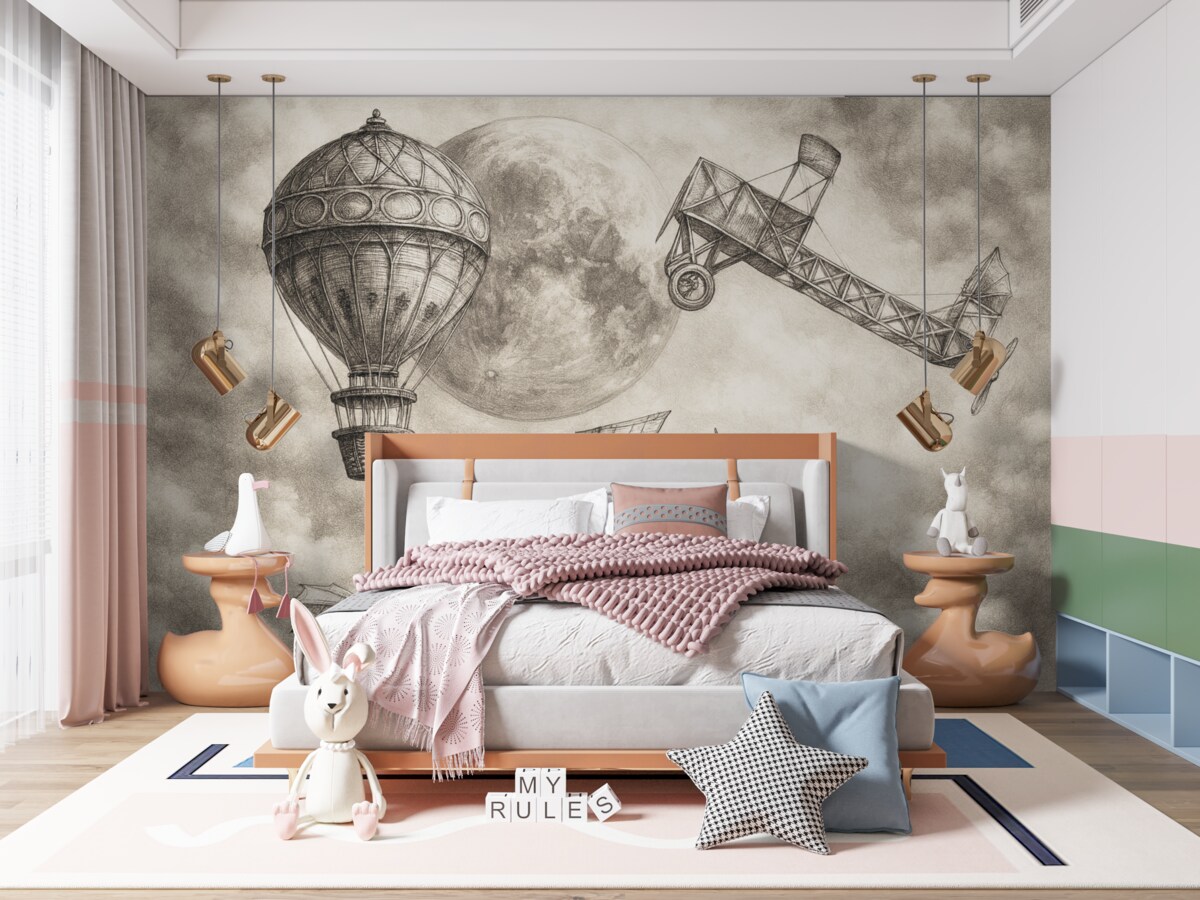 Fototapeta Zabytkowe samoloty na tle chmur i księżyca.