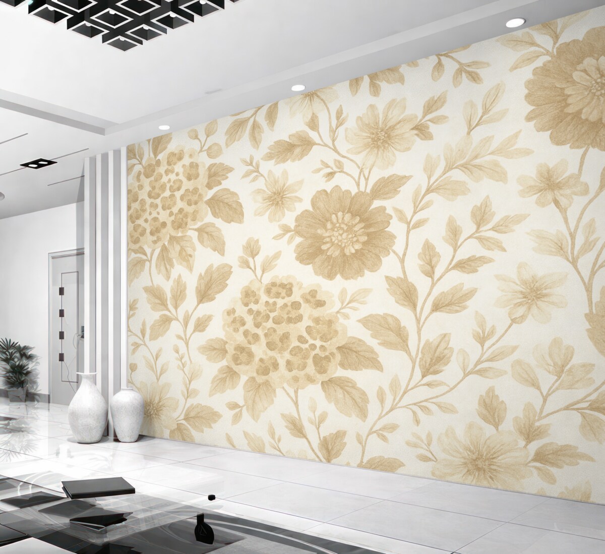 Fototapeta Kwiaty w stylu boho z wzorem lamparta, odcień beżowy.