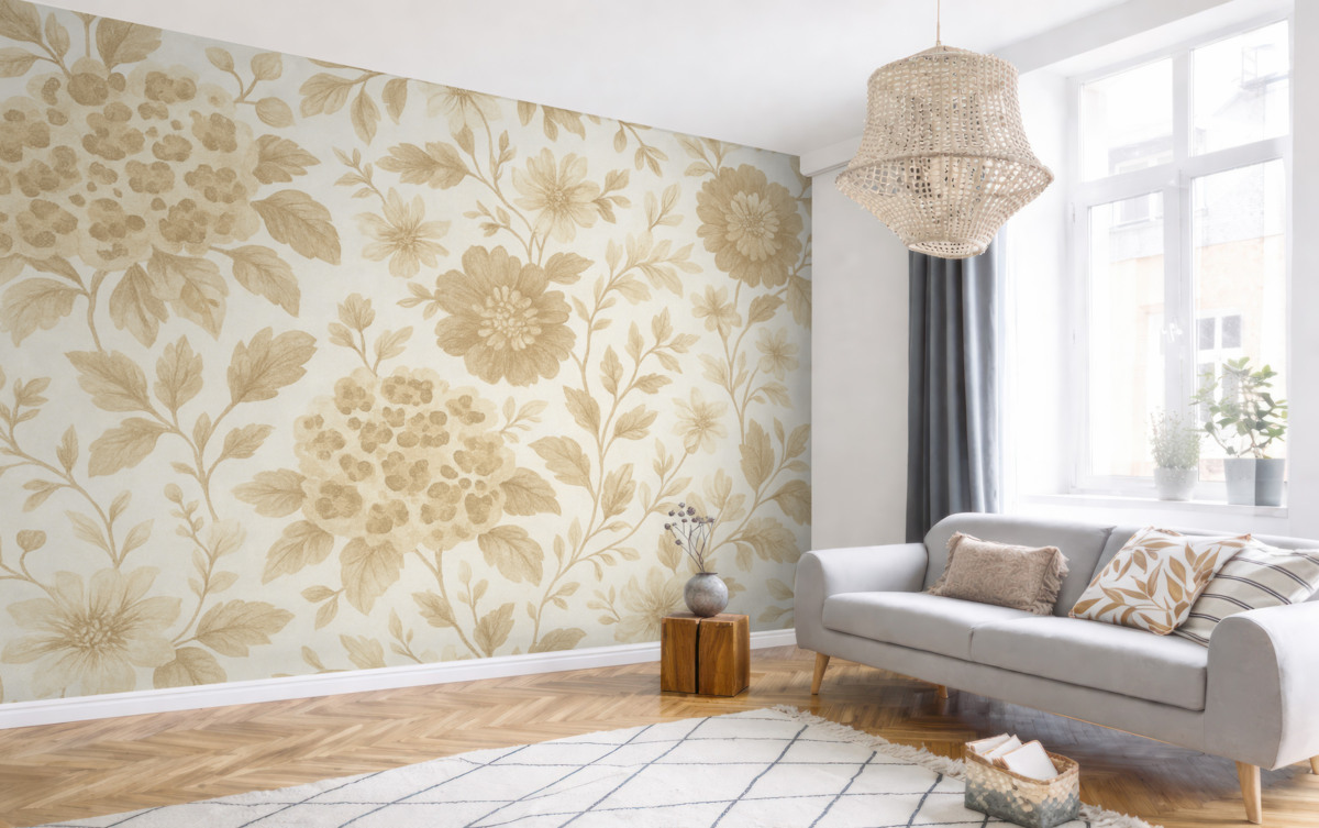 Fototapeta Kwiaty w stylu boho z wzorem lamparta, odcień beżowy.