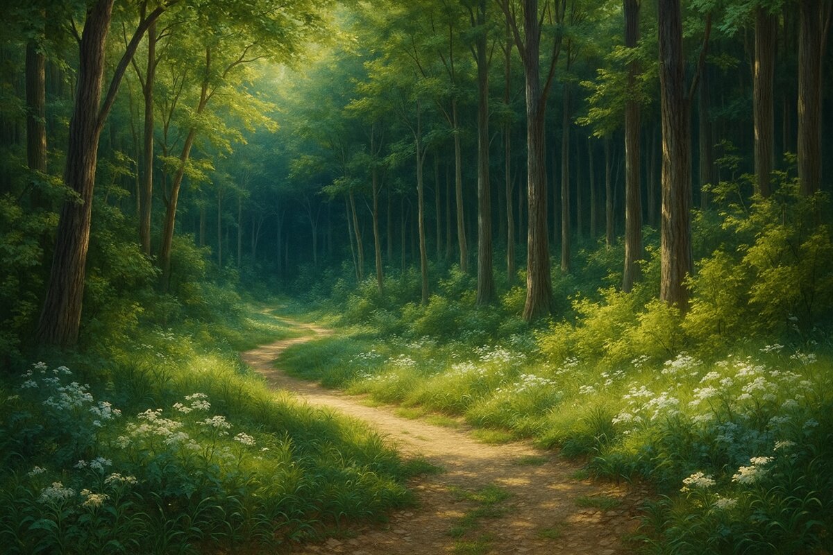 Fototapeta Zielony las z łagodnym promieniowaniem słonecznym, drzewami oraz białymi kwiatami, obraz olejny.