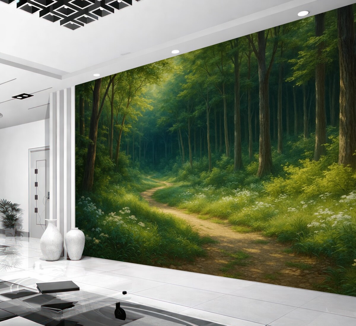 Fototapeta Zielony las z łagodnym promieniowaniem słonecznym, drzewami oraz białymi kwiatami, obraz olejny.