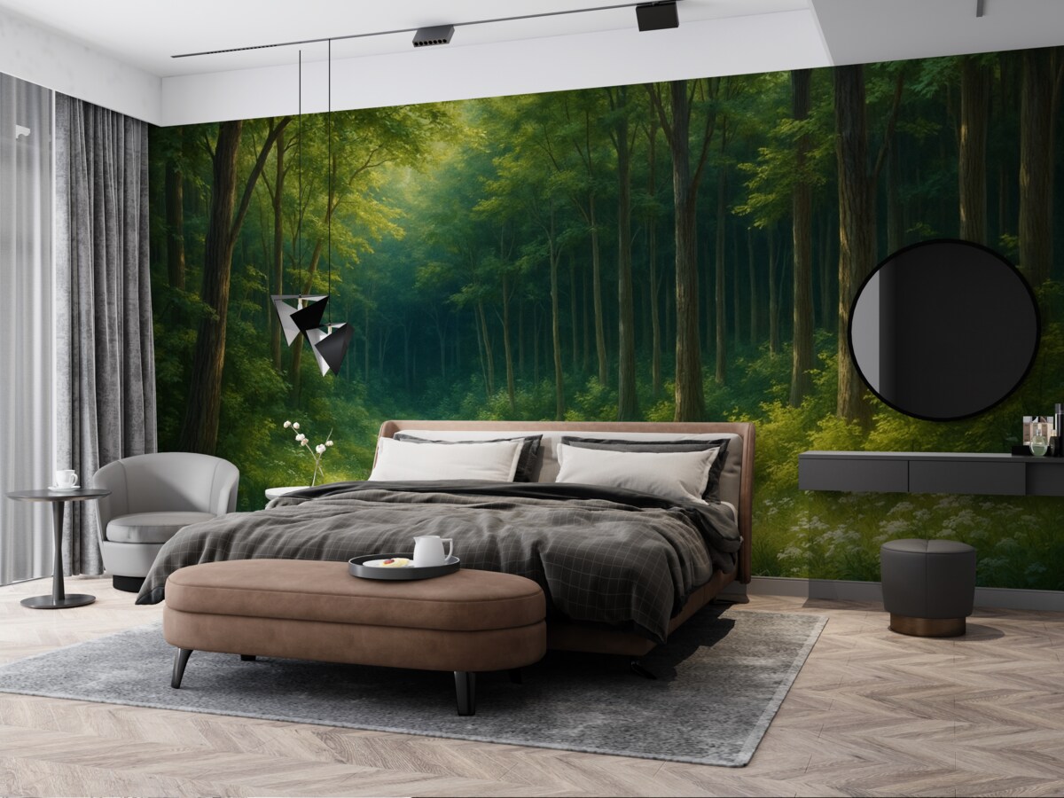 Fototapeta Zielony las z łagodnym promieniowaniem słonecznym, drzewami oraz białymi kwiatami, obraz olejny.