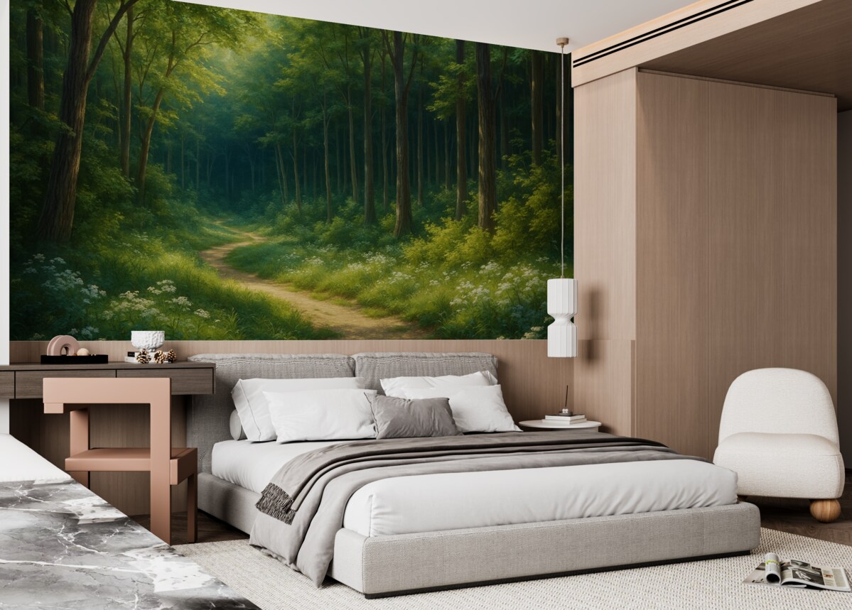 Fototapeta Zielony las z łagodnym promieniowaniem słonecznym, drzewami oraz białymi kwiatami, obraz olejny.