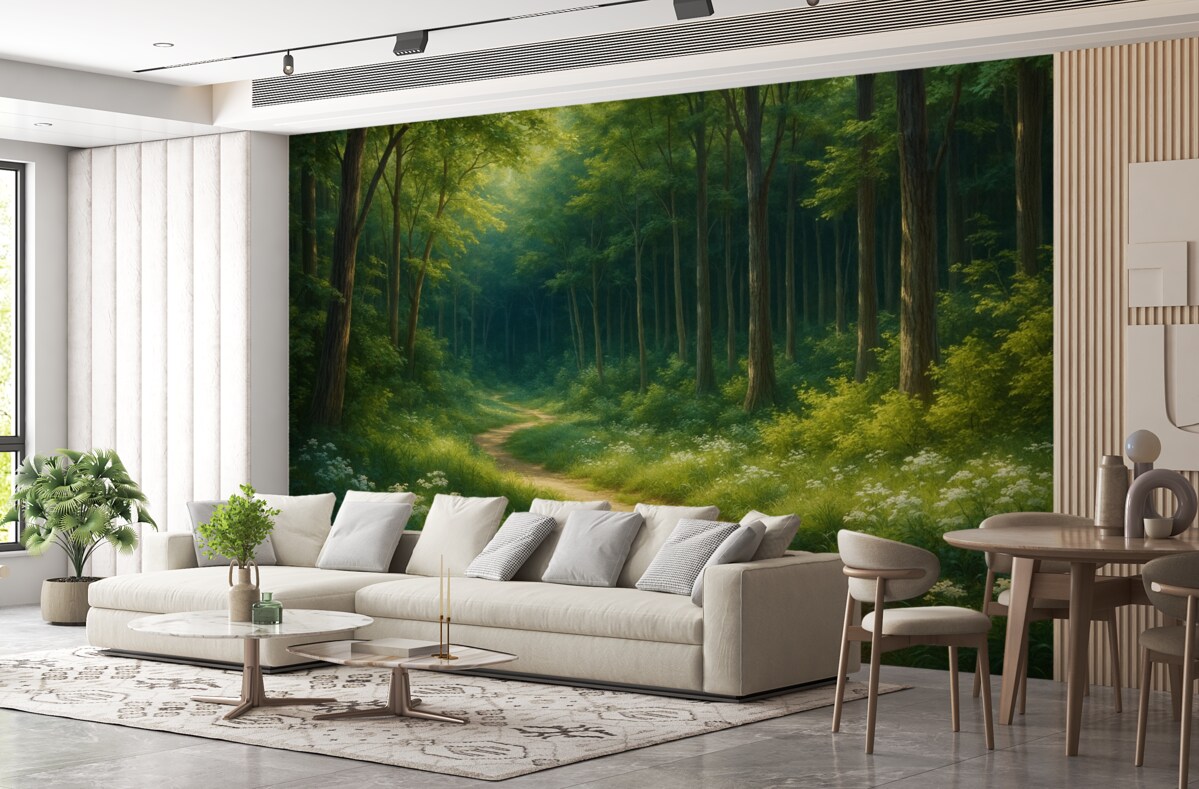 Fototapeta Zielony las z łagodnym promieniowaniem słonecznym, drzewami oraz białymi kwiatami, obraz olejny.