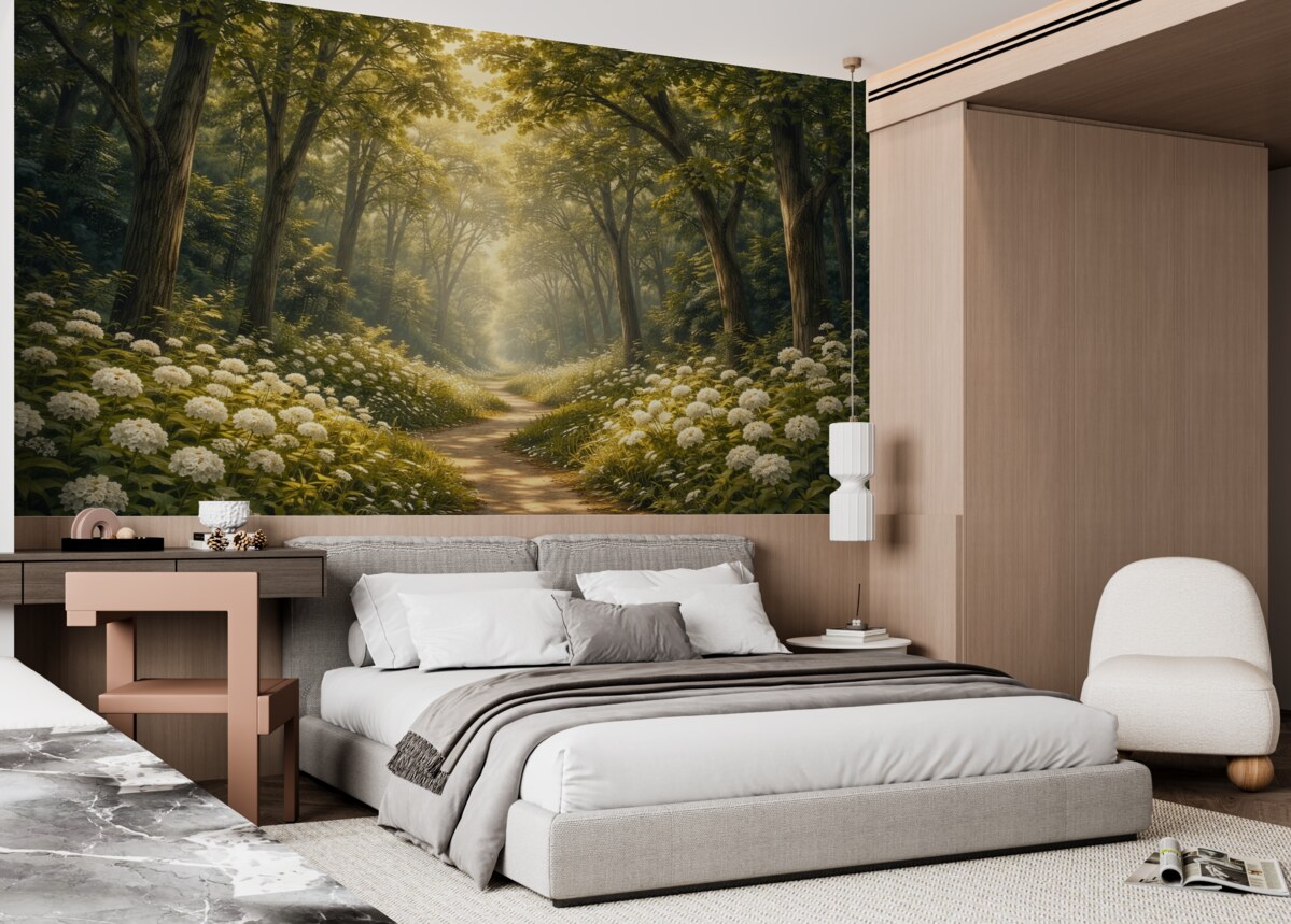 Fototapeta Droga w zielonym lesie, białe kwiatki, promienie słoneczne, obraz akrylowy.