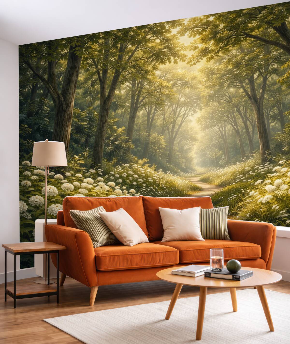 Fototapeta Droga w zielonym lesie, białe kwiatki, promienie słoneczne, obraz akrylowy.