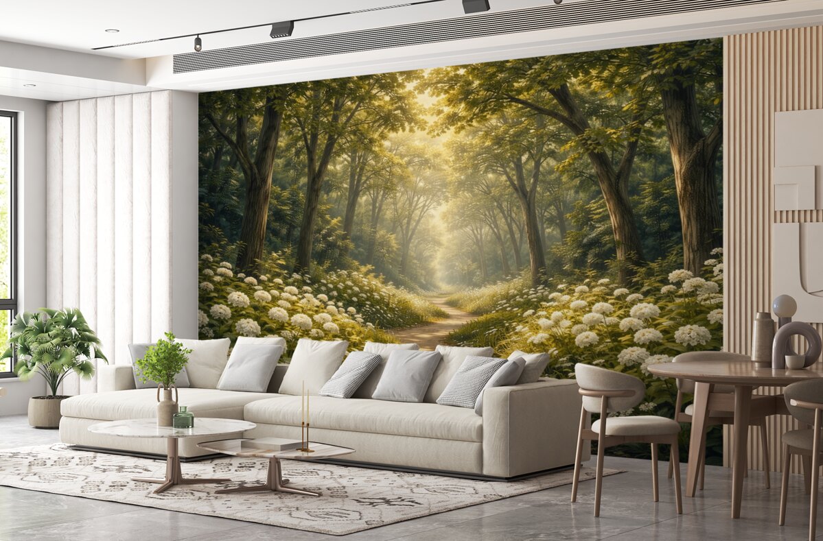 Fototapeta Droga w zielonym lesie, białe kwiatki, promienie słoneczne, obraz akrylowy.