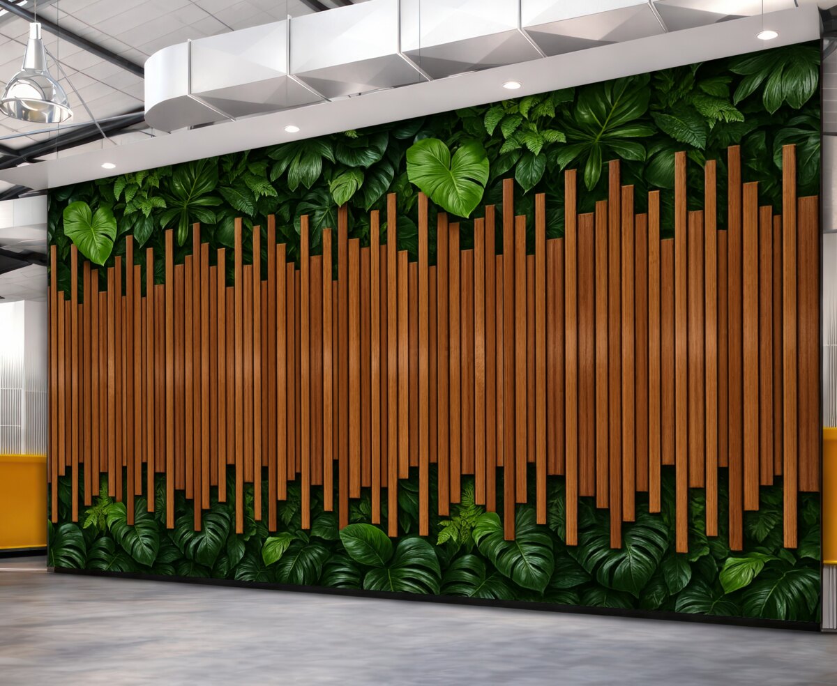 Fototapeta Naśladownictwo drewnianych paneli oraz zielonej ściany.