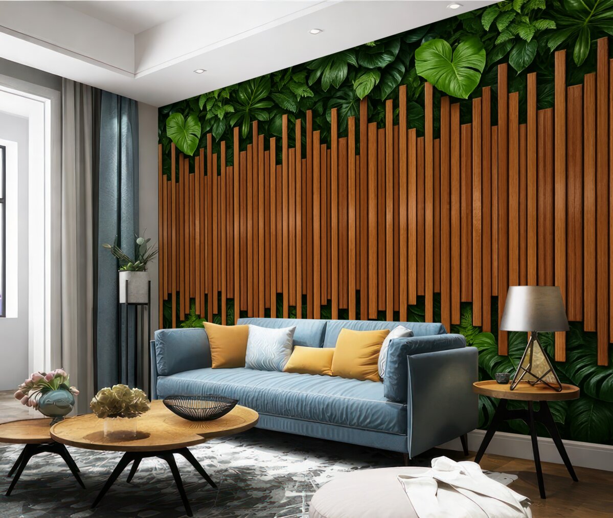 Fototapeta Naśladownictwo drewnianych paneli oraz zielonej ściany.