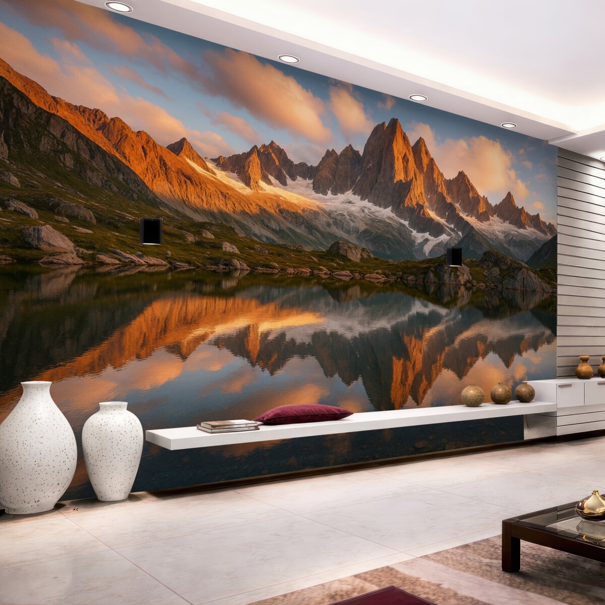 Fototapeta Góry o poranku, refleksja w wodzie, naturalny pejzaż.