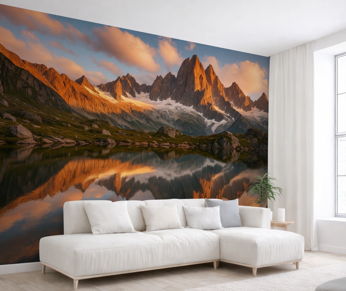 Fototapeta Góry o poranku, refleksja w wodzie, naturalny pejzaż.