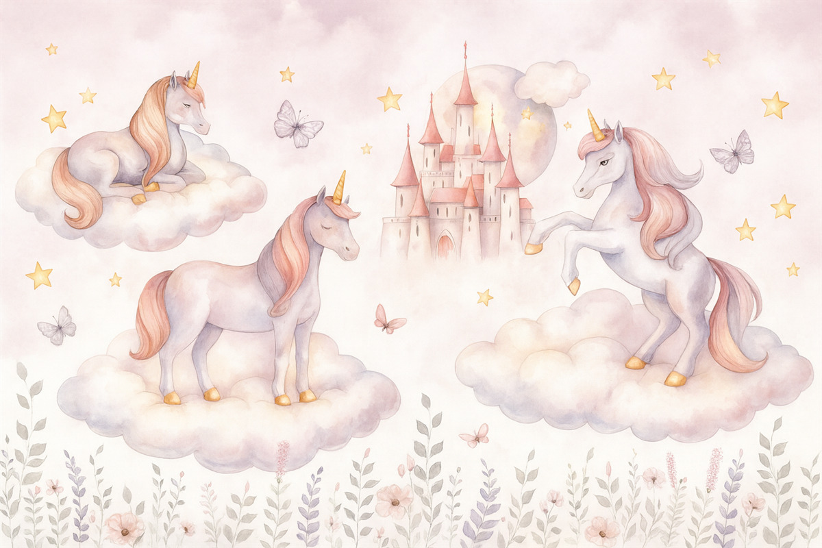 Fototapeta Jednorożce w obłokach z gwiazdami, motylami oraz kwiatami.