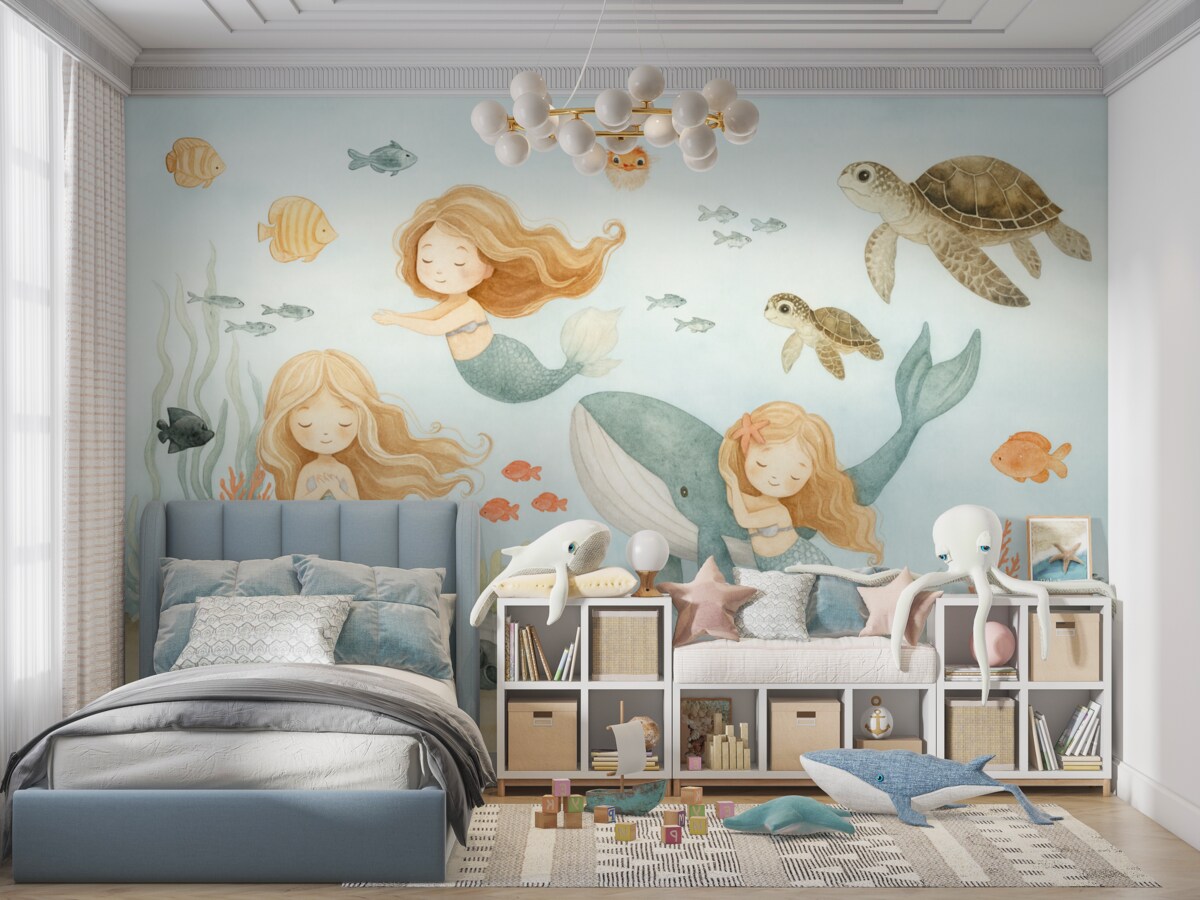 Fototapeta Podwodny świat z syrenami oraz rybami.