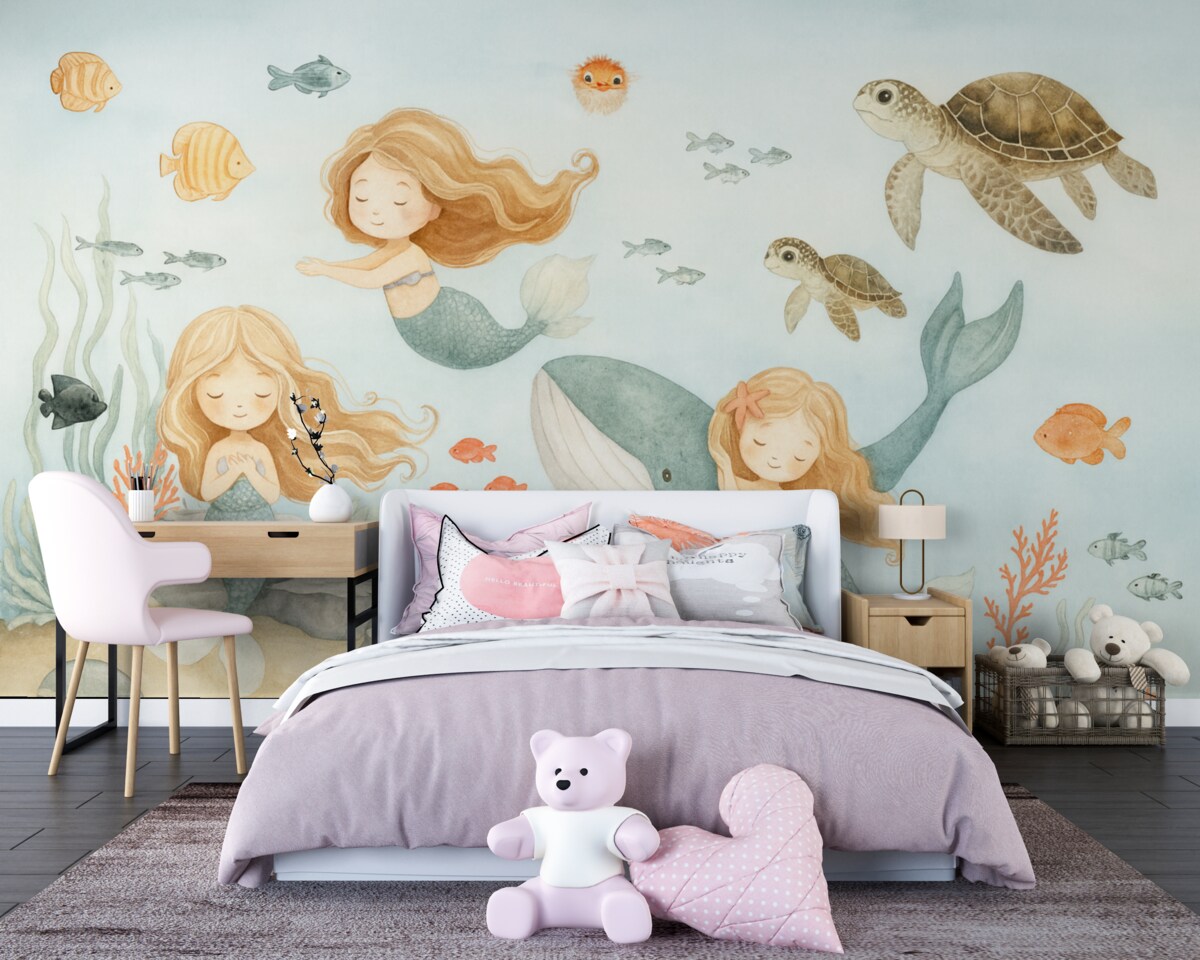 Fototapeta Podwodny świat z syrenami oraz rybami.