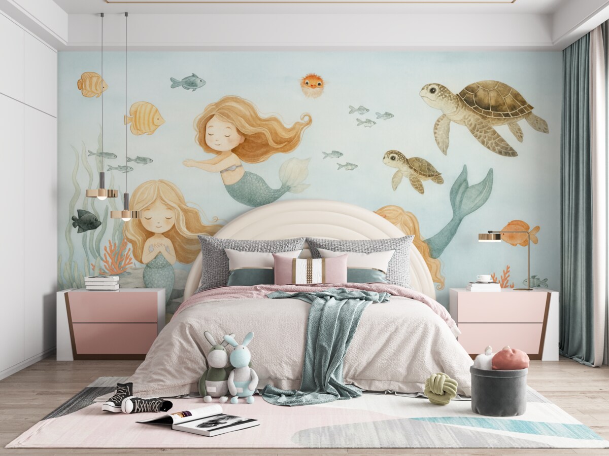 Fototapeta Podwodny świat z syrenami oraz rybami.