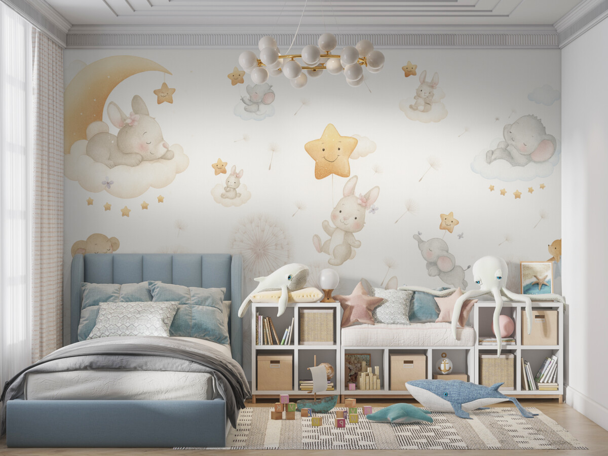 Fototapeta Uroczy królik i gwiazdy pośród mniszka lekarskiego na jasnym tle.