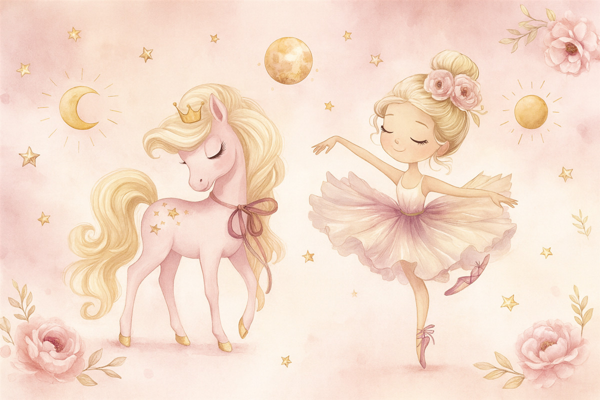Fototapeta Jednorożec oraz baletnica w różowej baśni, historia dla najmłodszych.