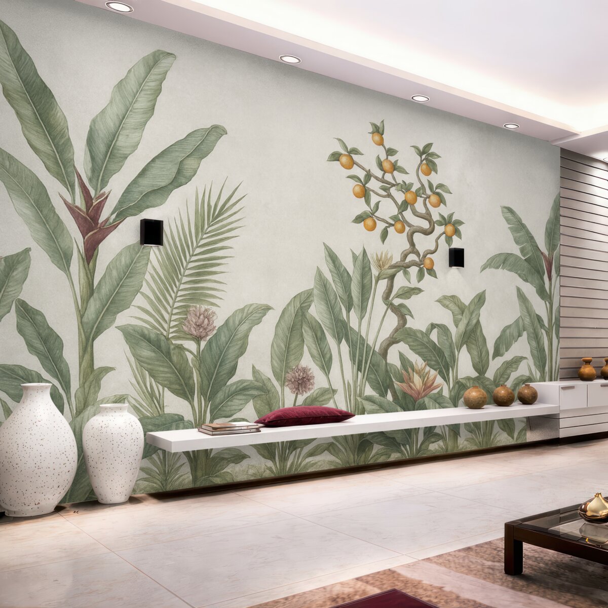 Fototapeta Tropikalne rośliny z pomarańczowym krzewem na jasnym tle.