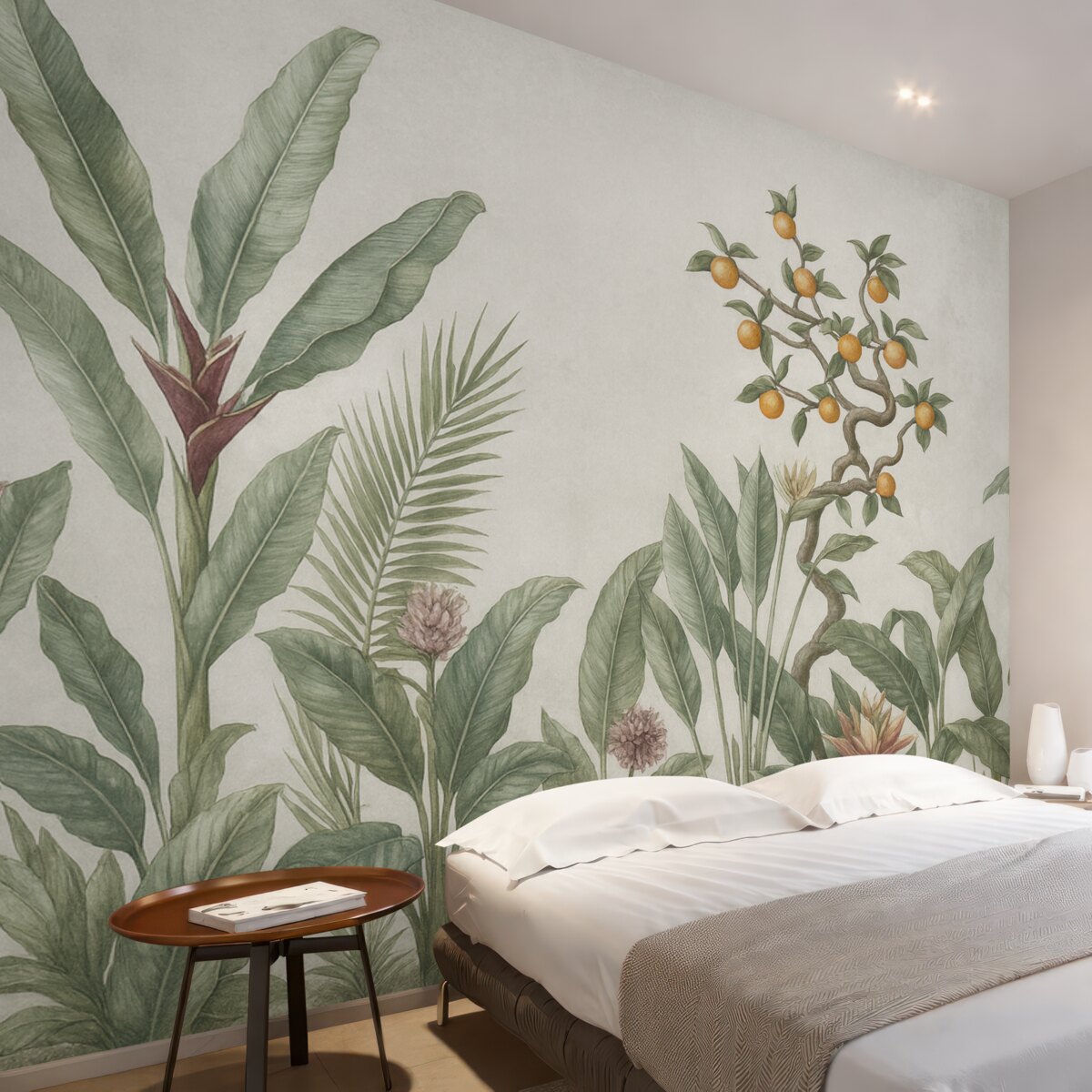 Fototapeta Tropikalne rośliny z pomarańczowym krzewem na jasnym tle.