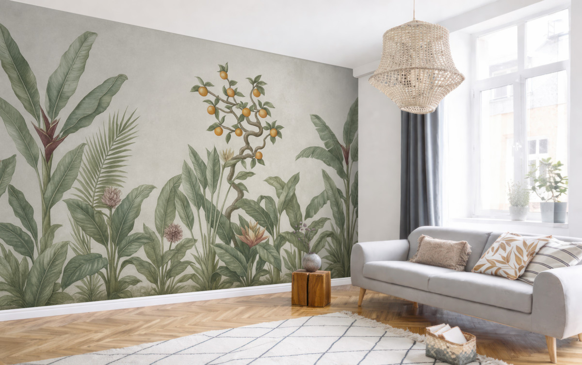 Fototapeta Tropikalne rośliny z pomarańczowym krzewem na jasnym tle.